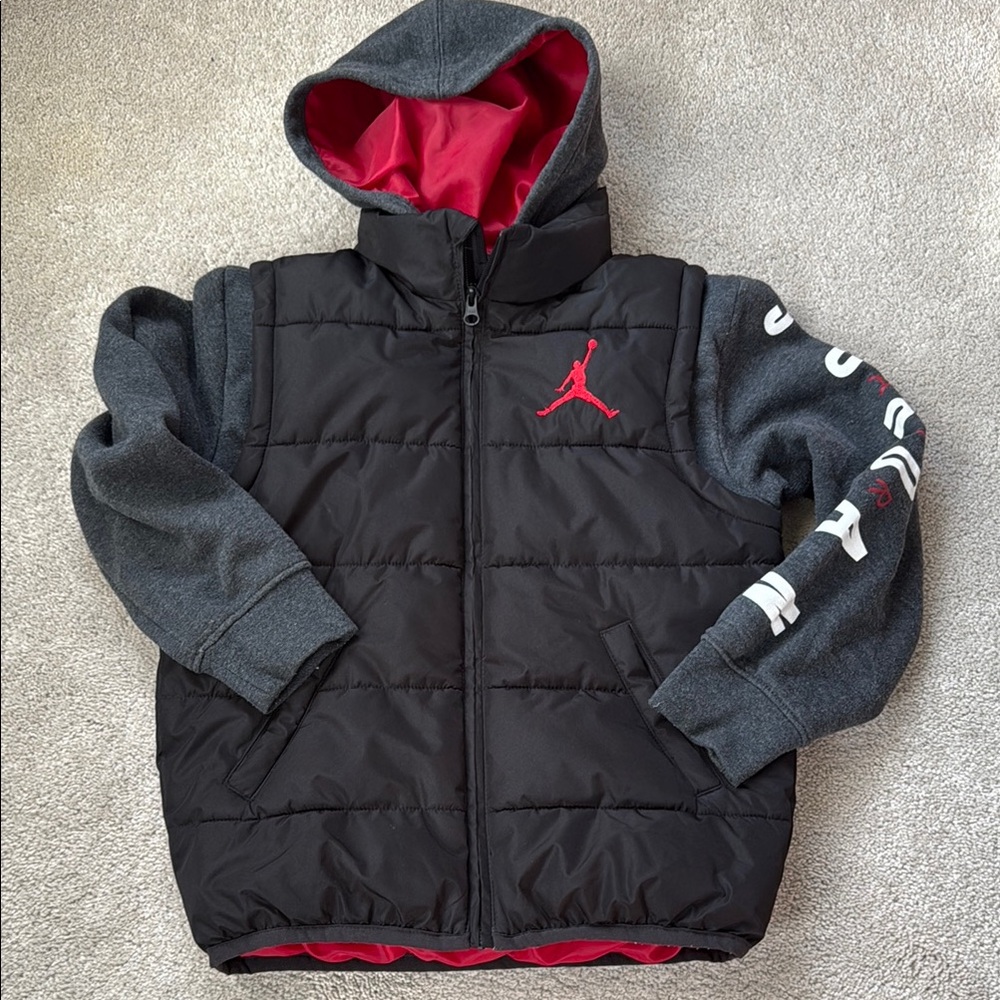 Black and Red Jordan Hooded Vest with Gray Sleeves
